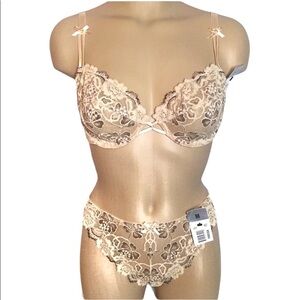 PARISA Underwire Bra 36C and Panty Medium Set Beige Tan and Brown Floral Lace